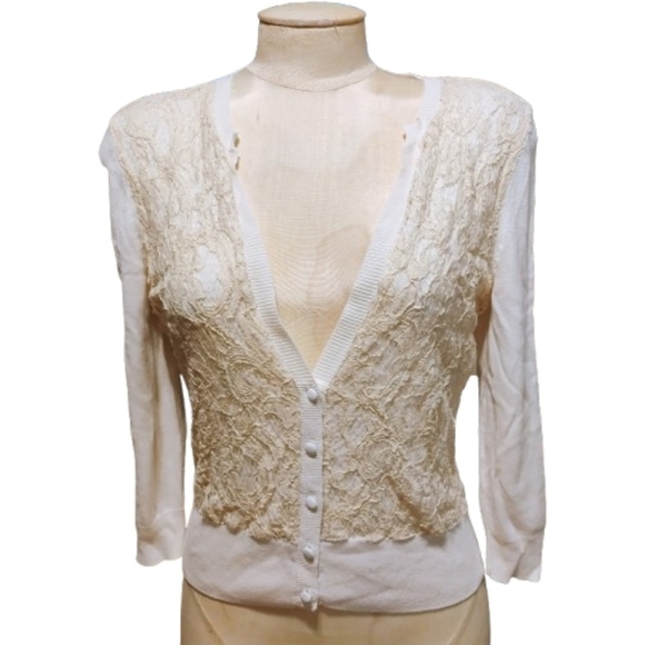 Cache Vintage Ivory Lace Overlay Cardigan Sweater Women’s S Cottagecore - Picture 1 of 8